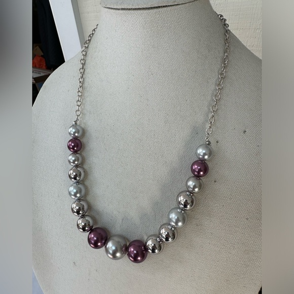Purple and silver bead longer style statement necklace - Picture 2 of 4
